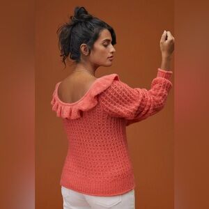 Anthropologie Soft Wool Blend Pink Ruffled Neck sweater size large